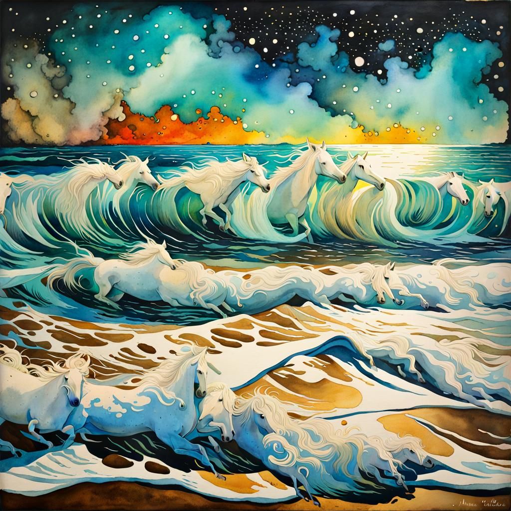 Vibrant Horses Emerge from Vintage Sea Foam in Iridescent Wa...