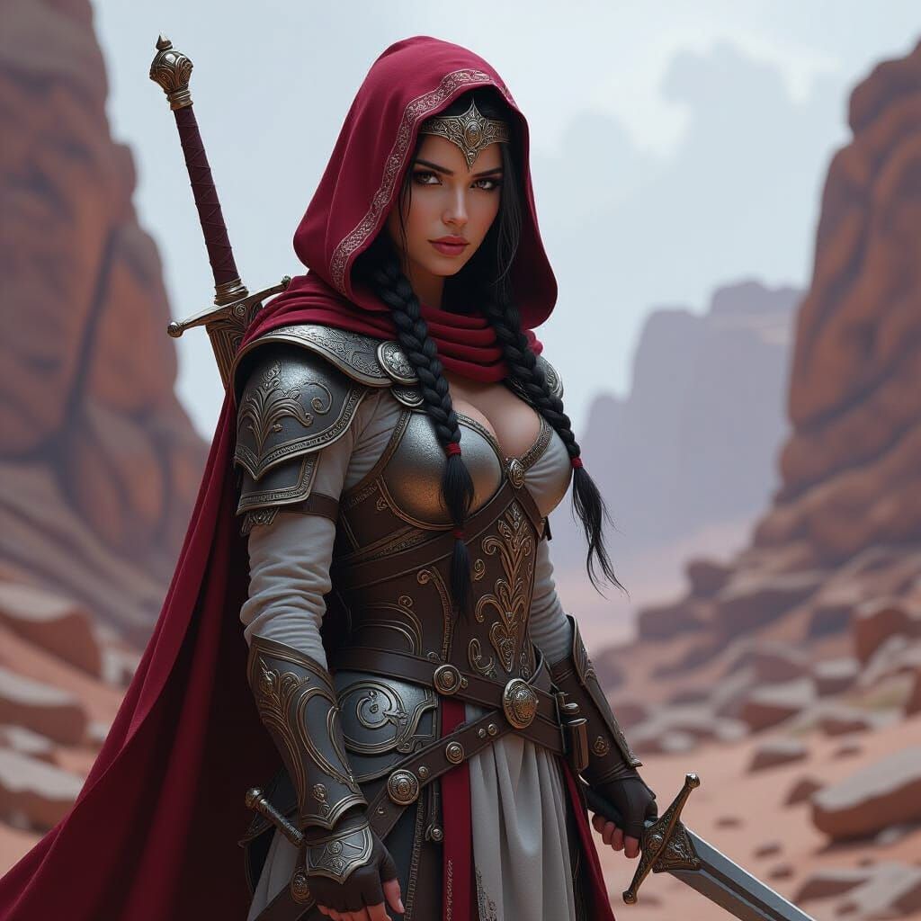 Female Warrior in Red Cloak in Rocky Canyon