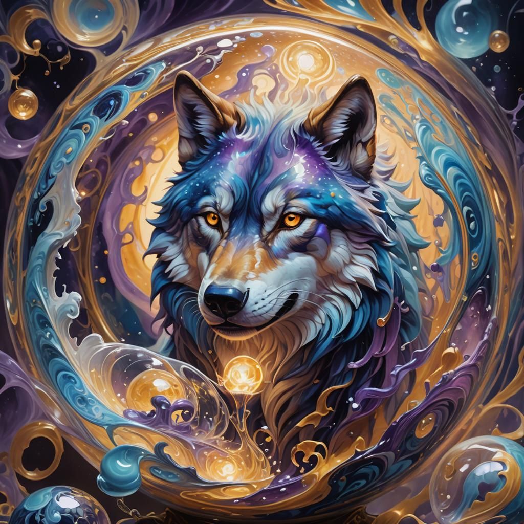 Wolf Photobombs Luminous Elixir: Surreal Oil Painting