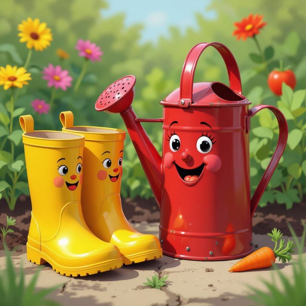 Whimsical Garden Boots and Watering Can with Faces