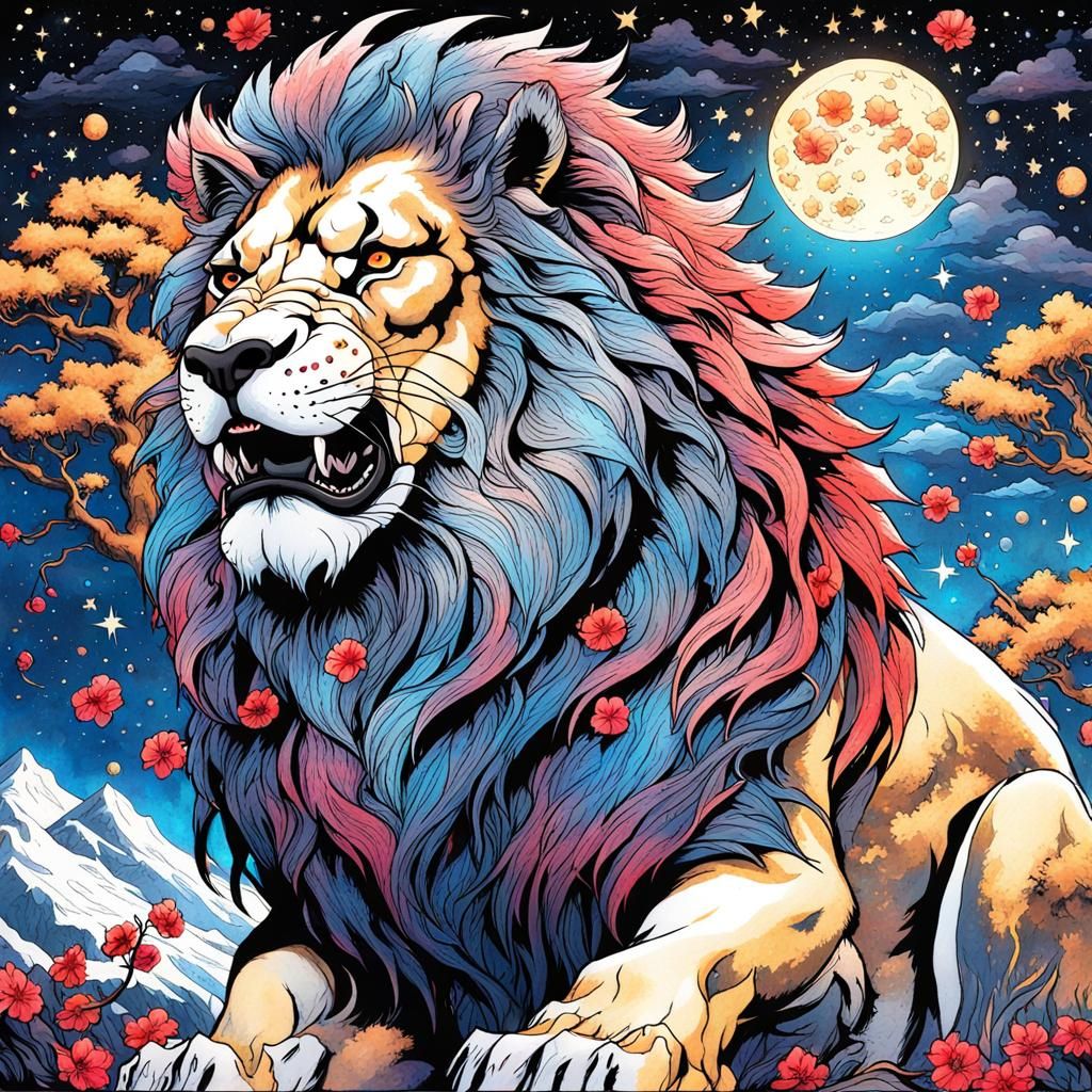 Majestic Lion Under Starry Sky in Gouache Style