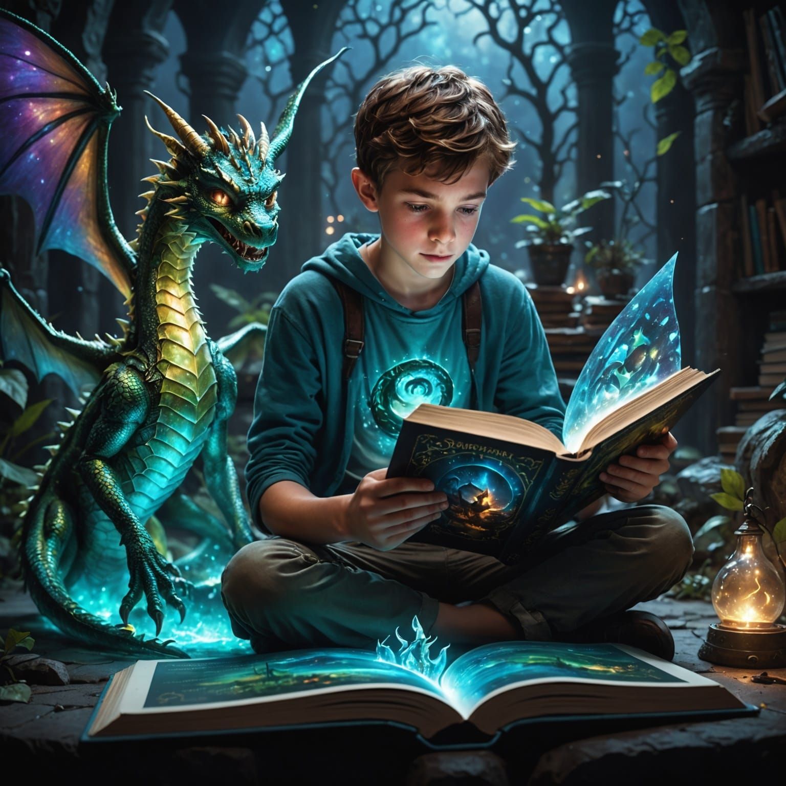 Teen Boy Immersed in 3D Holographic Fantasy in Darkened Room