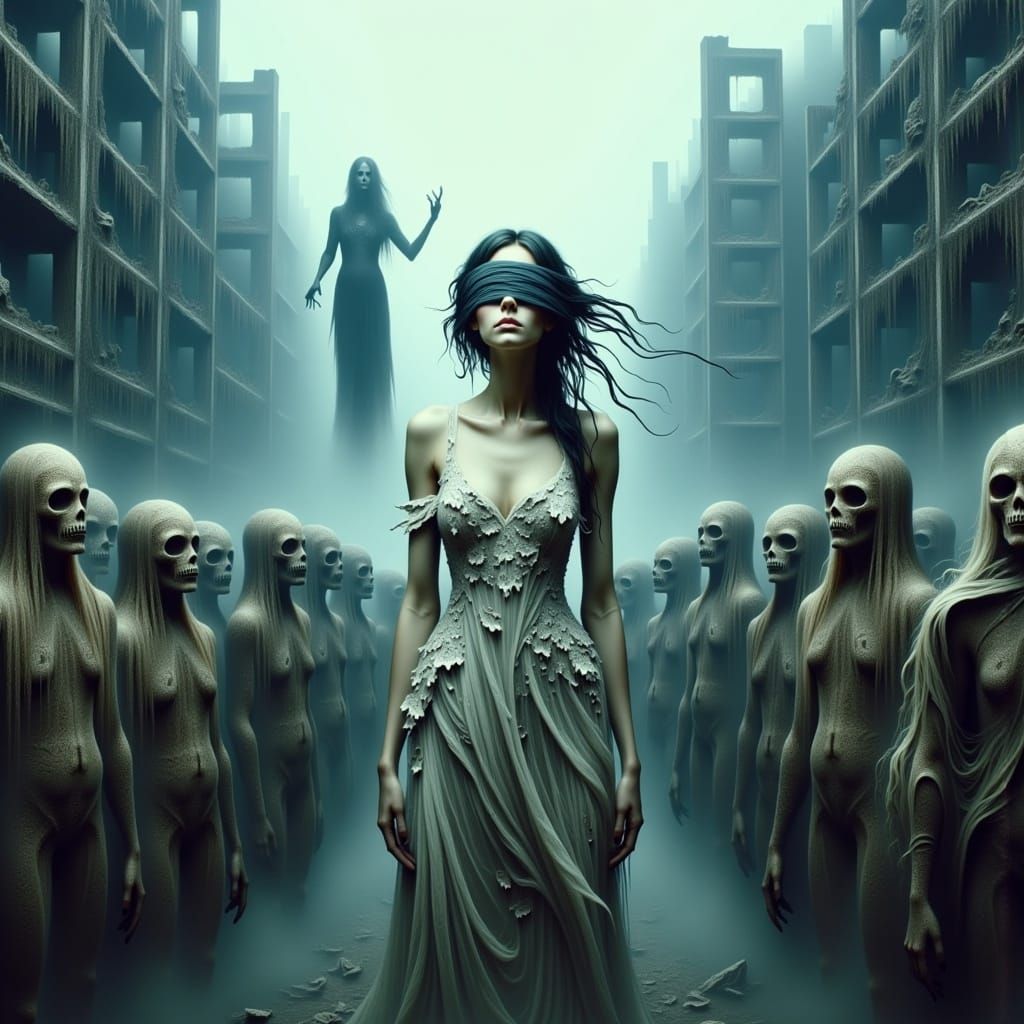 Apocalyptic Bride in Ruined Cityscape