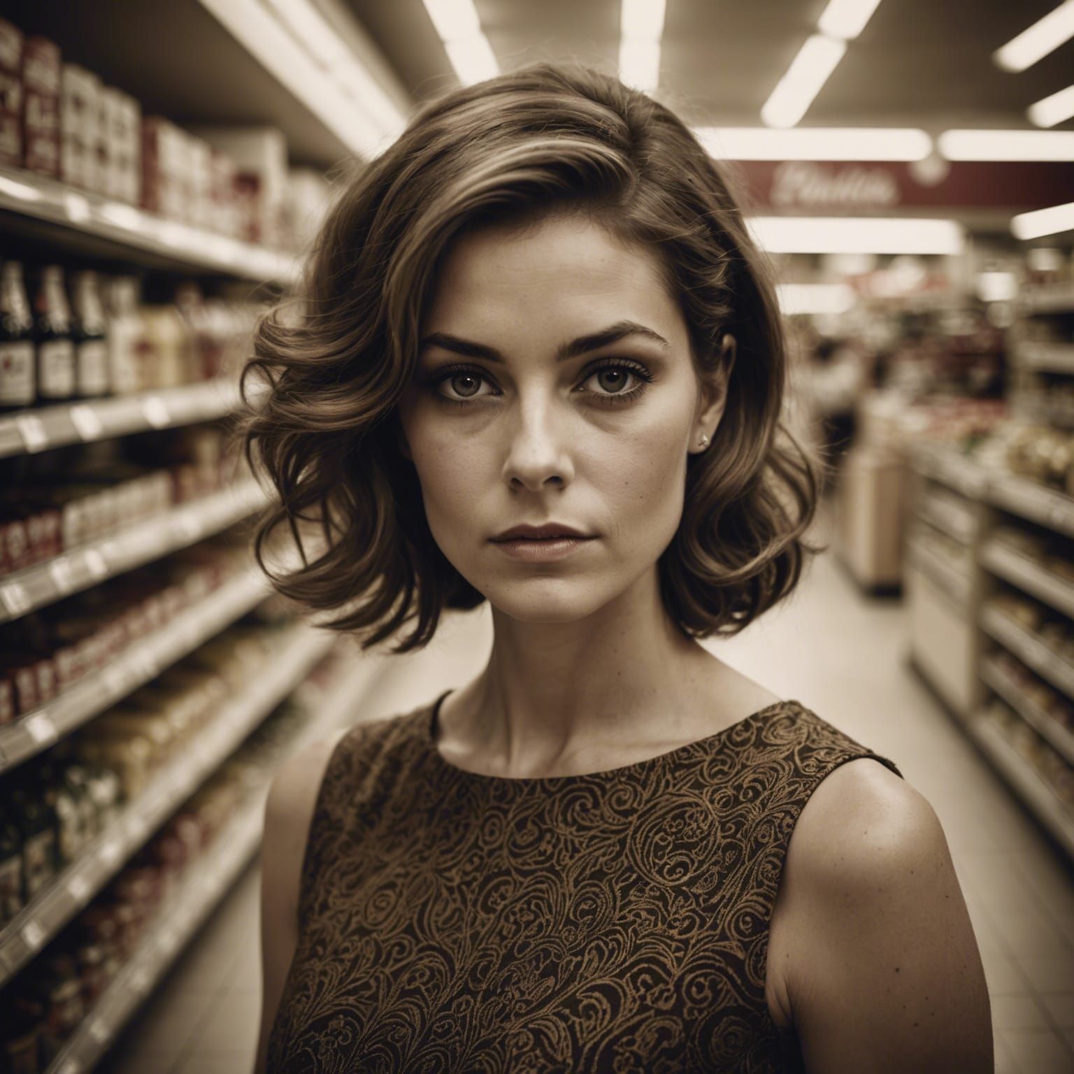 1960s Woman Poses in Supermarket, Sepia Portrait