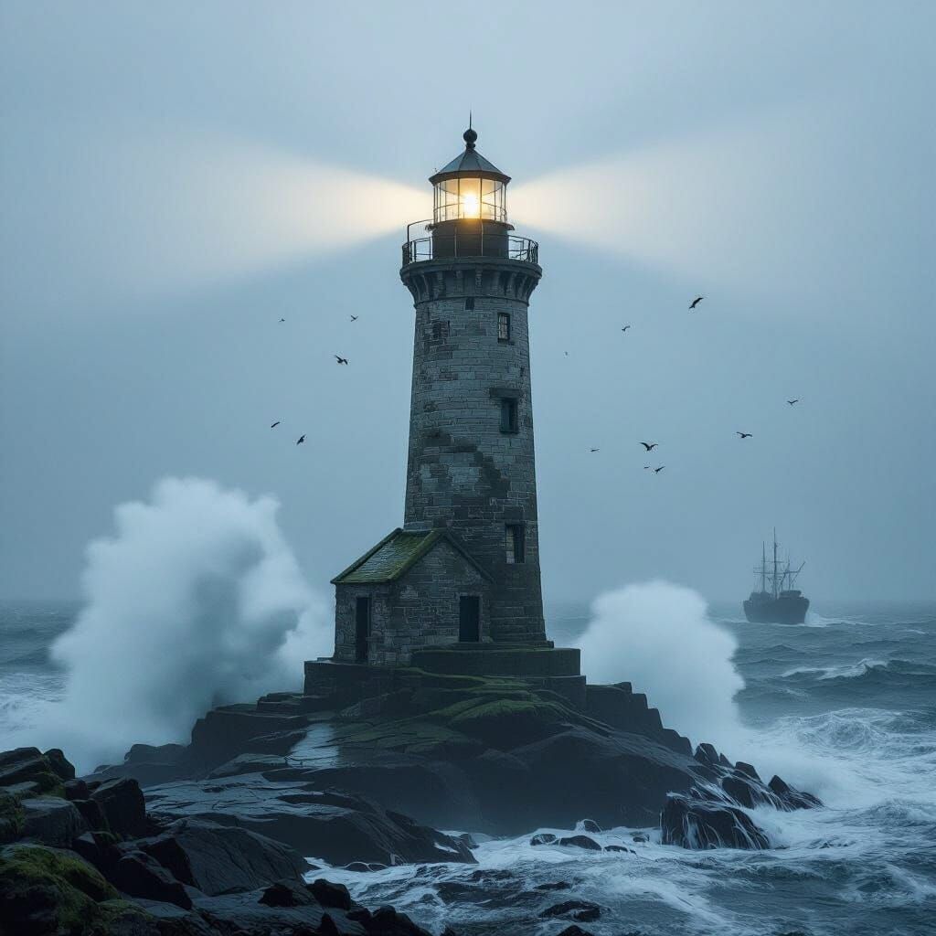 Lighthouse in Stormy North Sea, Cinematic Digital Painting