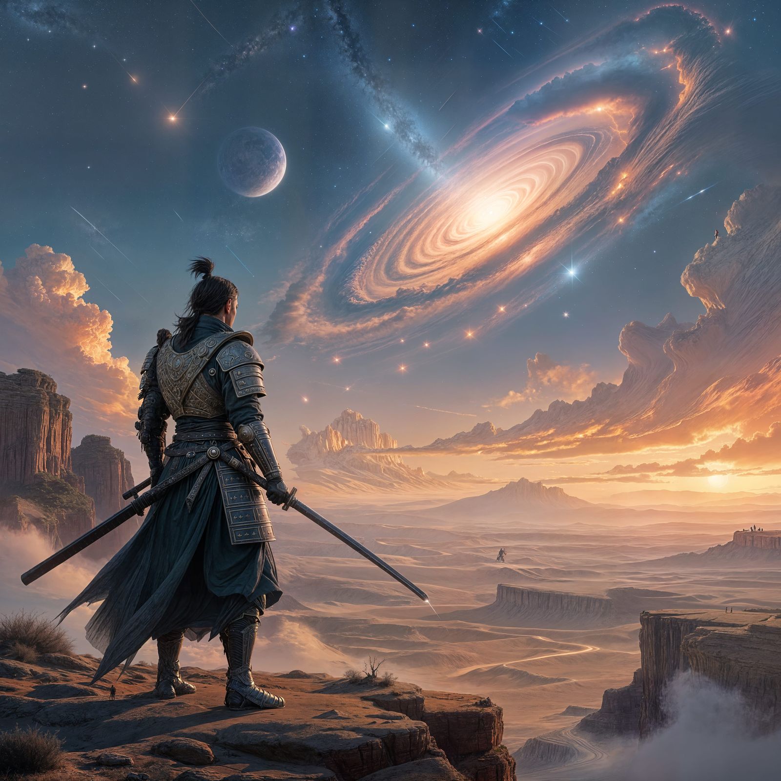 Samurai Warrior Overlooking Alien Desert Landscape