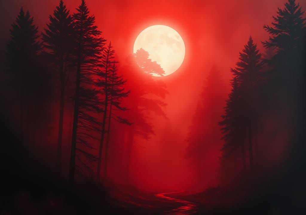 Crimson Fog Forest: Biomechanical Surrealism in Digital Art