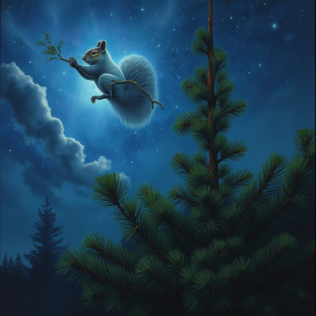 Whimsical Forest Scene under Starry Night Sky