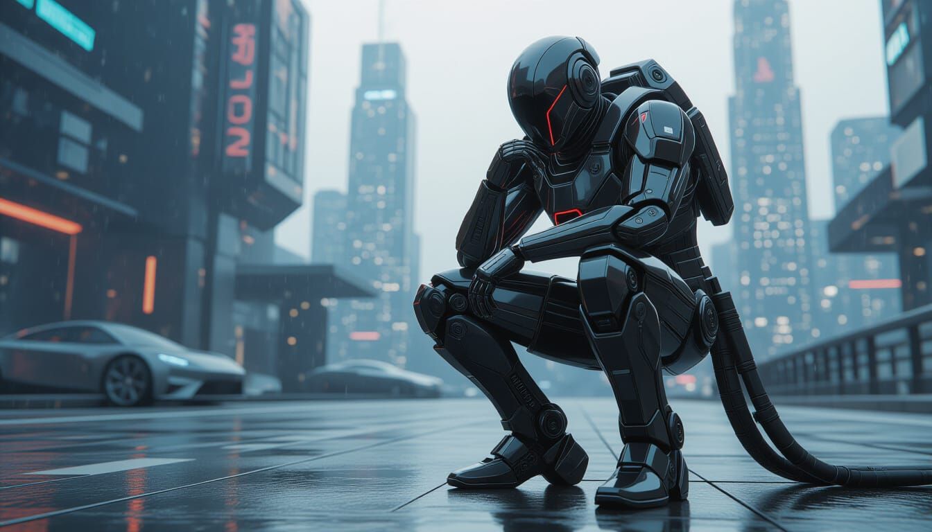 Ronin the Thinker: Futuristic Mech in Cinematic Sci-Fi Scene