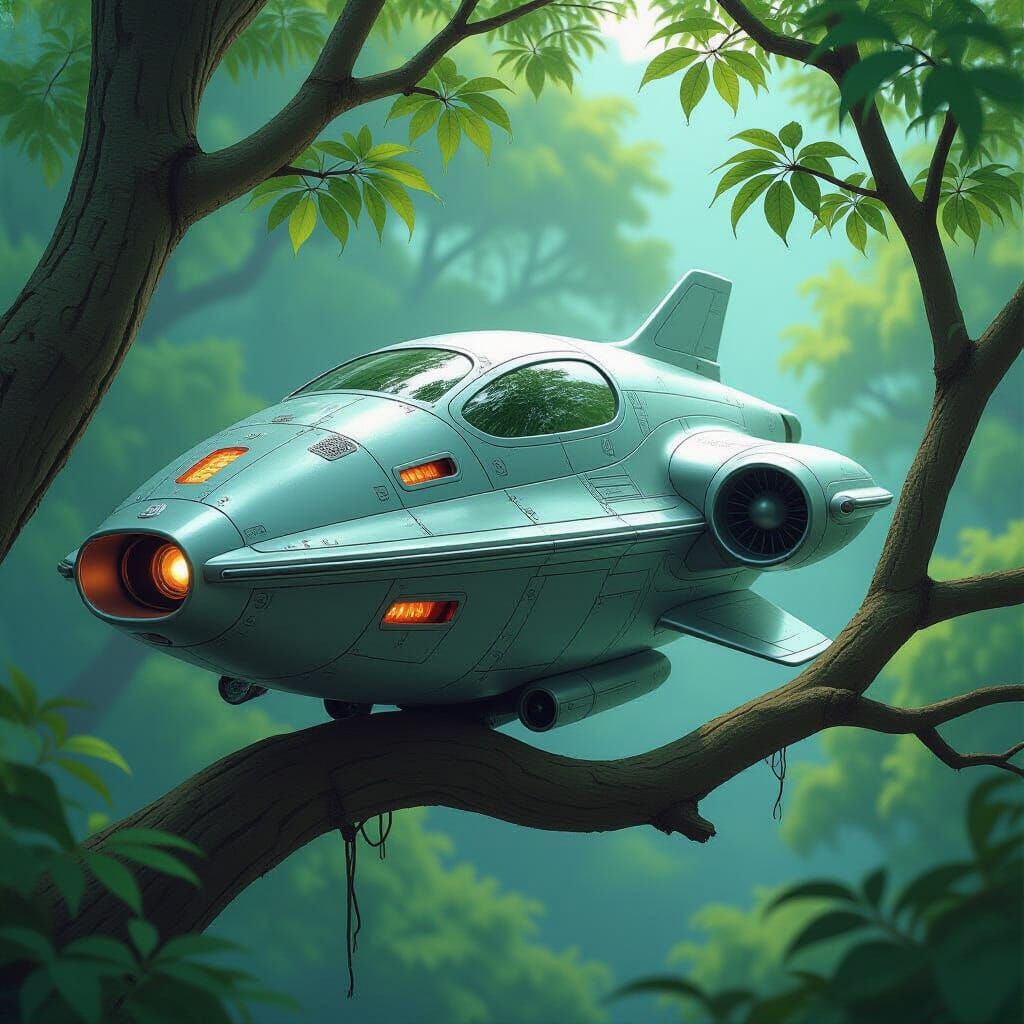 Whimsical Spaceship Nestled in Tree Branches