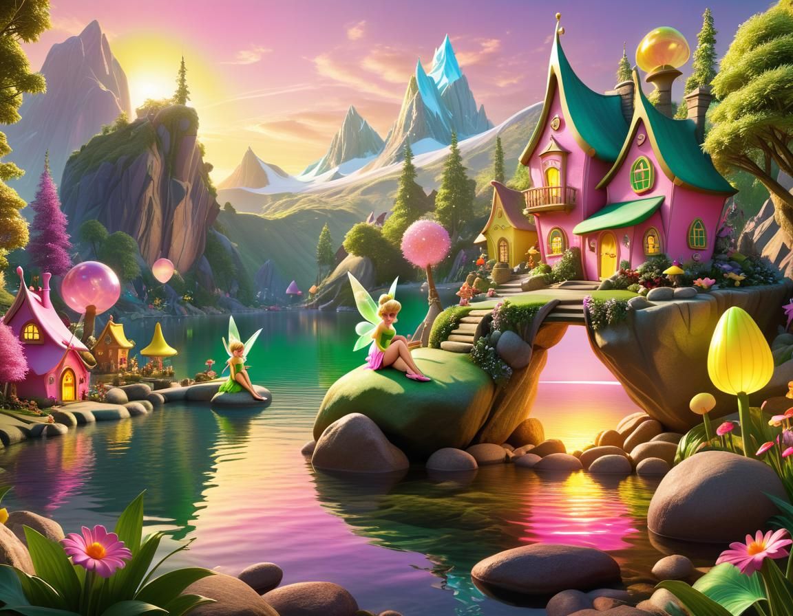 Fairy Village Sunset: A Whimsical Candyland Illustration