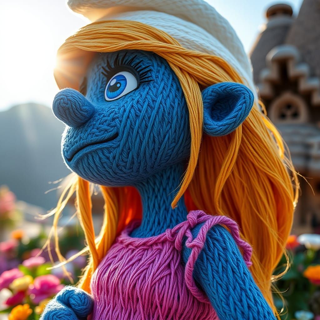 Hyper-Realistic Woven Smurfette Macro Photograph