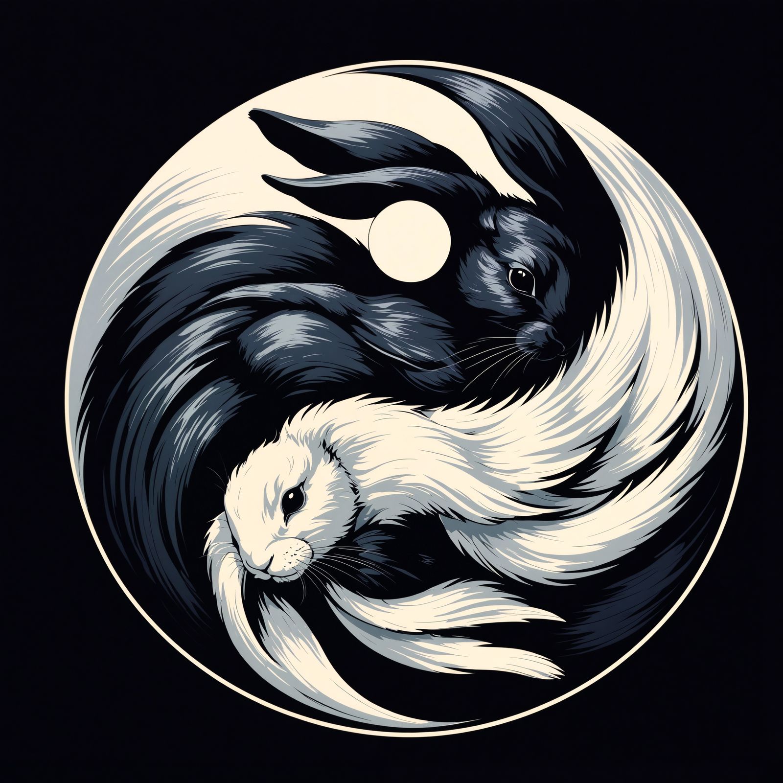 Yin Yang Symbol with Black and White Rabbits