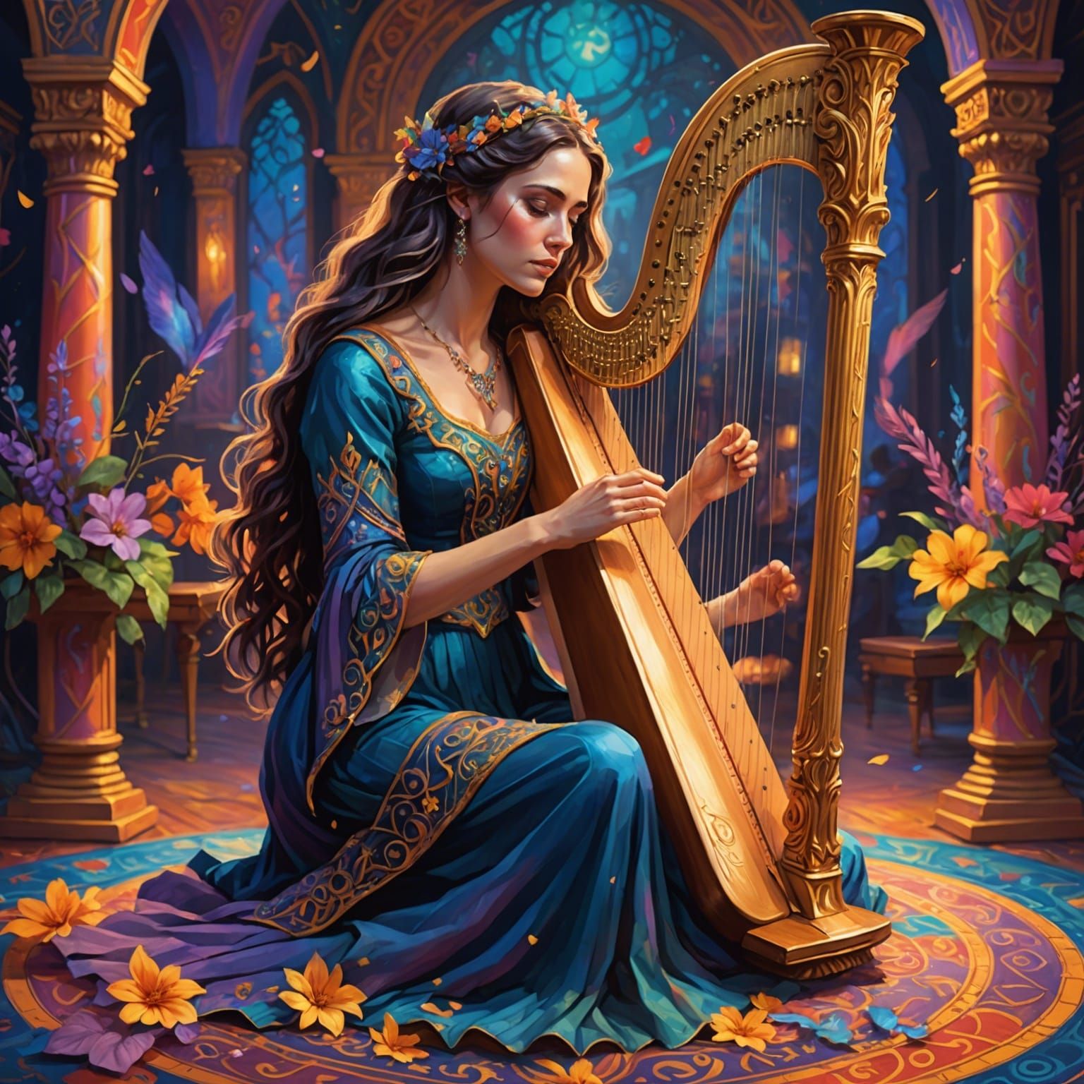 Beautiful Musician Playing Harp in Colorful Fantasy