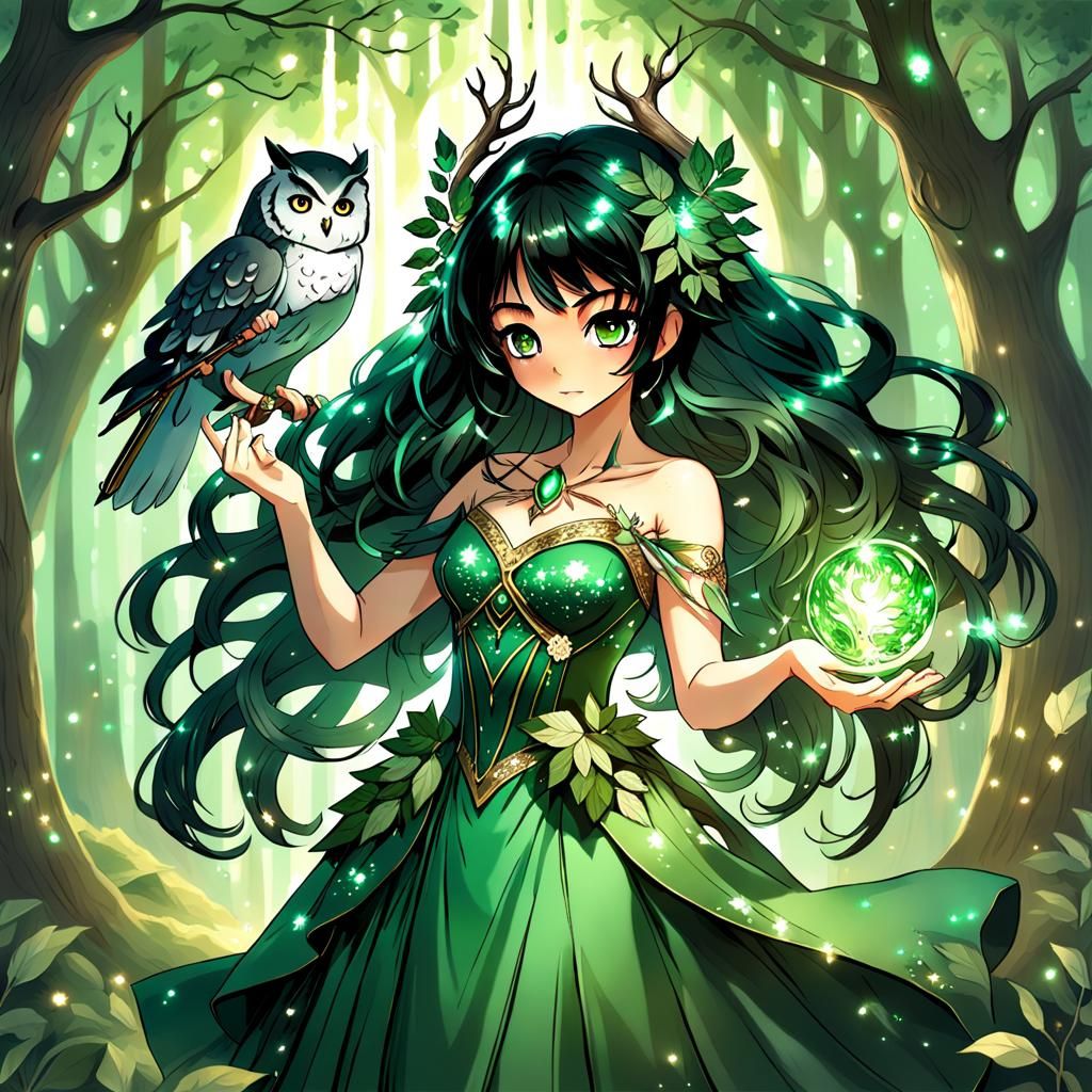 Magical Forest Guardian Girl with Owl, in Anime Style