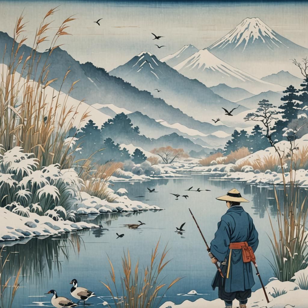 Hunter in Winter Landscape: Ukiyo-e Style