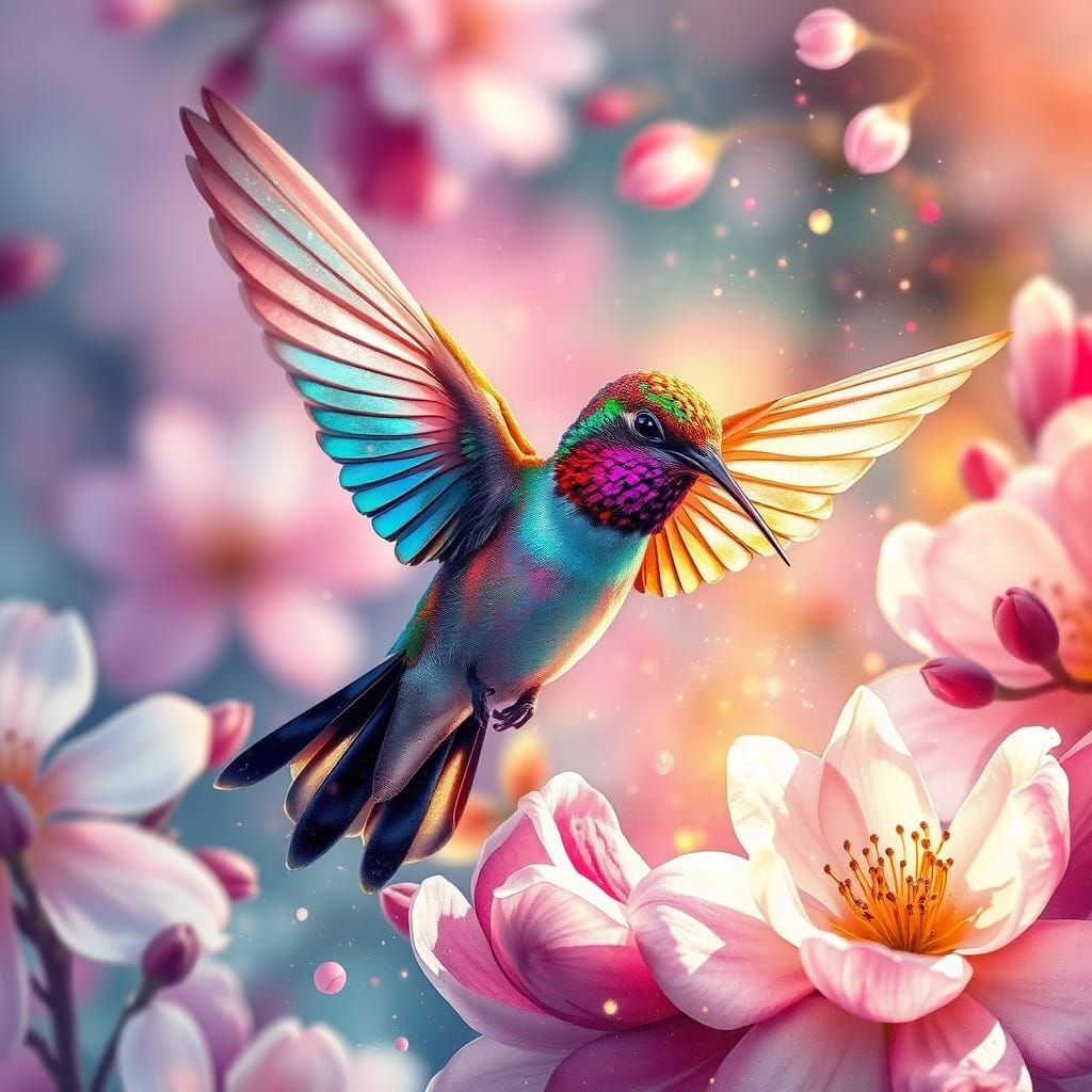 Hummingbird in Flight with Blossoming Flowers