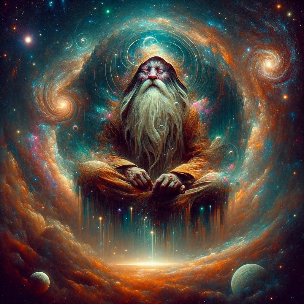 Meditating Gnome in Surreal Glitch Art Style