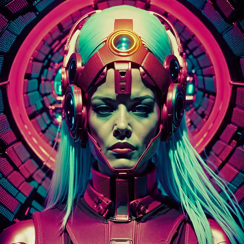 Radiant Cyberpunk Woman in Dark Synth Tunnel