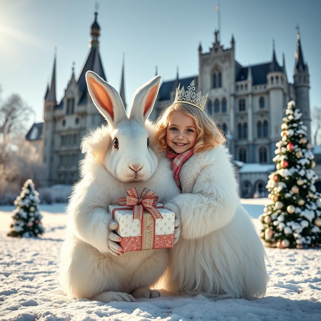 Joyful Princess with Hare in Winter Wonderland