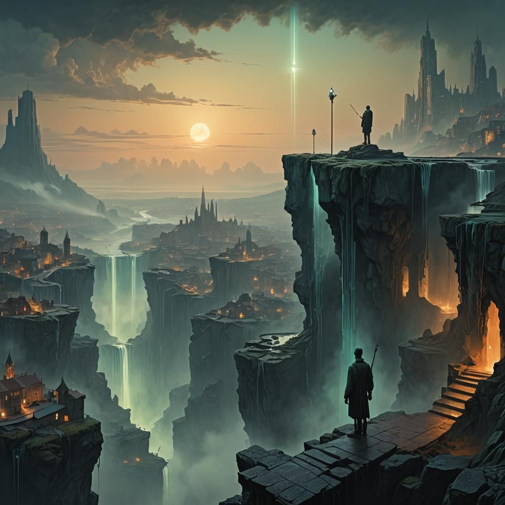 Surreal Fantasy Cityscape with Glowing Staff