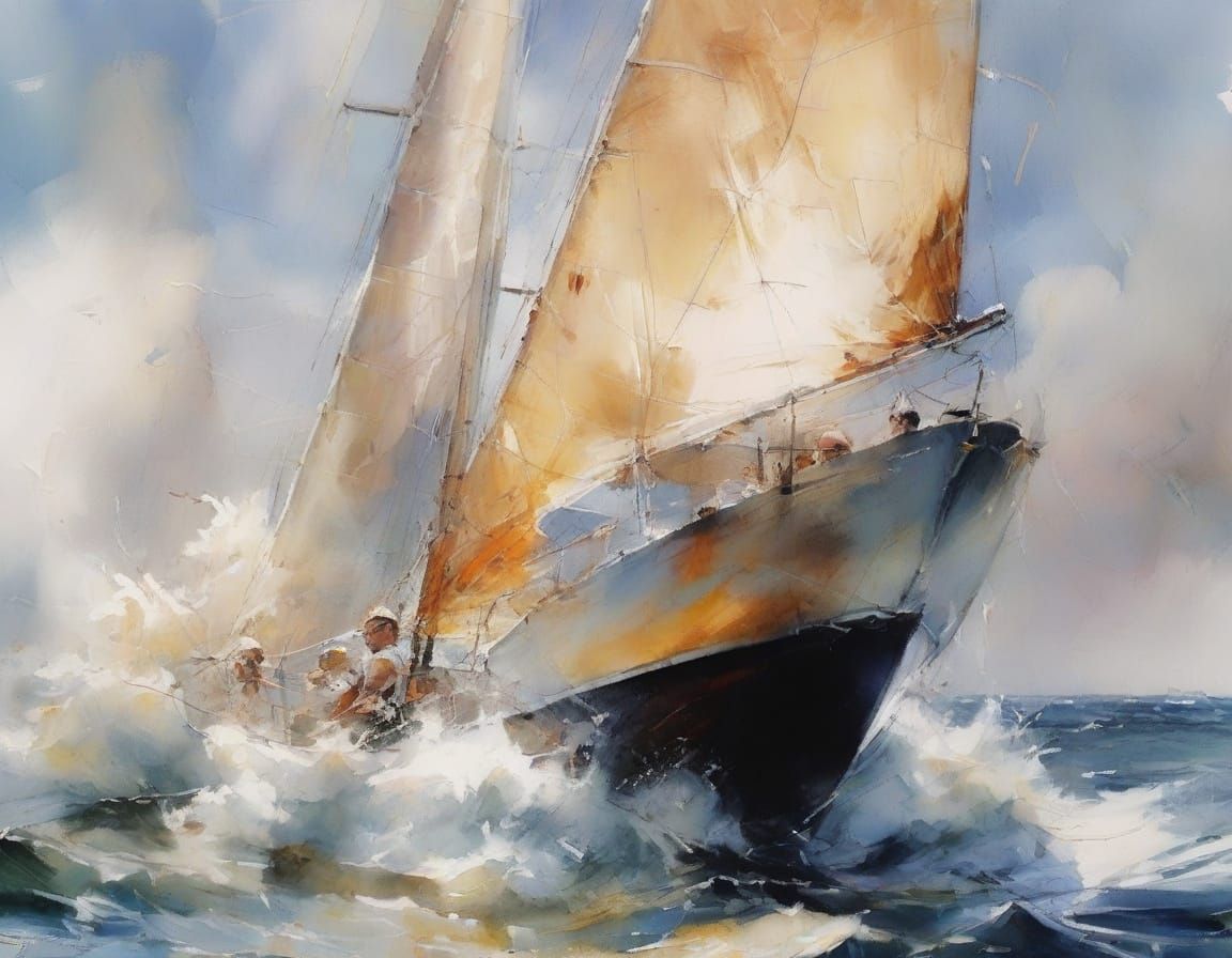 Yacht Race on Open Water in Watercolor Style