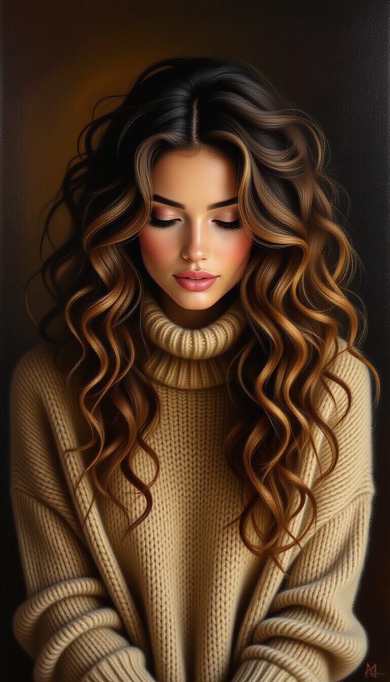 Woman with Wild Cashmere Hair in Hygge Room