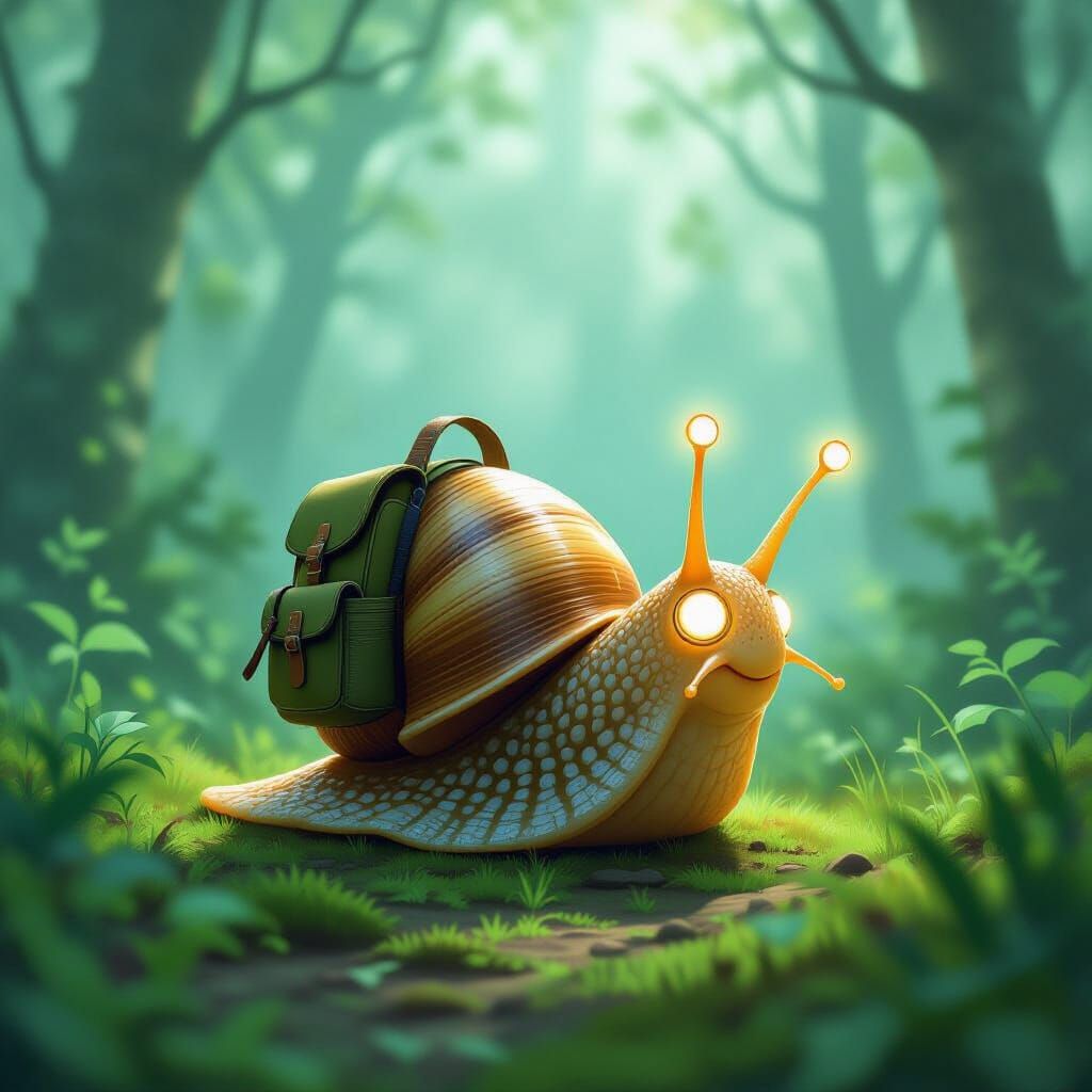 Fantastical Snail Explorer in Misty Forest
