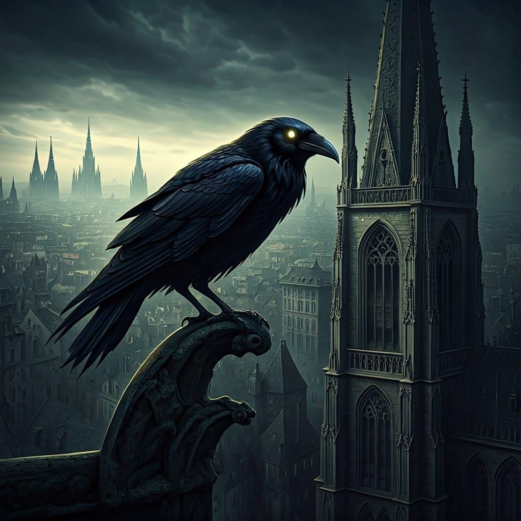 Spectral Raven in Gothic Cathedral, Dark Fantasy Scene