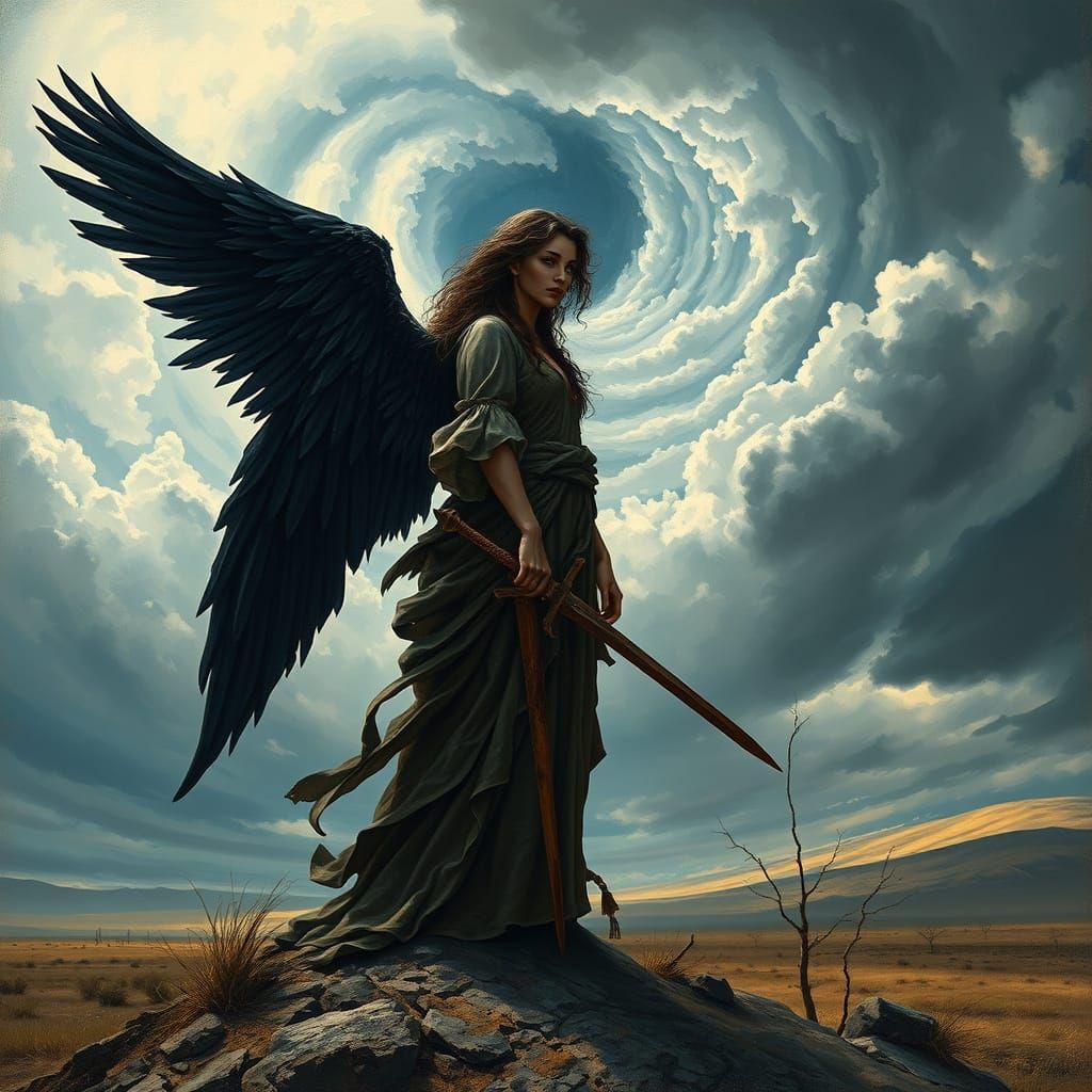 Ethereal Guardian Angel in Windswept Landscape with Opulent ...