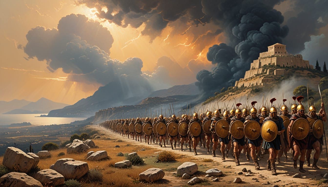 Themistocles Leads Hoplites: Oil Painting in Impasto Style