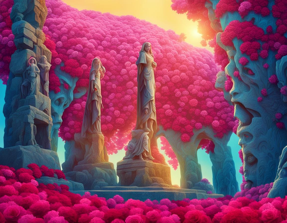 Woman Walks Among Roses and Guardians: Fantasy Art