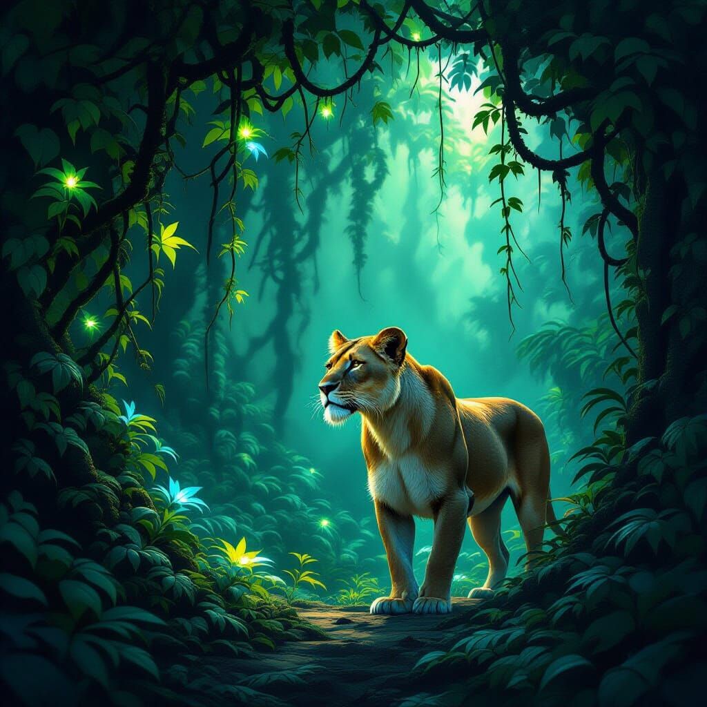 Lioness Guards Mystical Jungle Sanctuary in Dark Fantasy Sty...