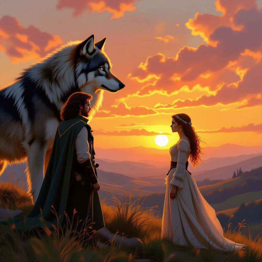 Epic Fantasy Scene: Lovers and Giant Wolf at Sunset
