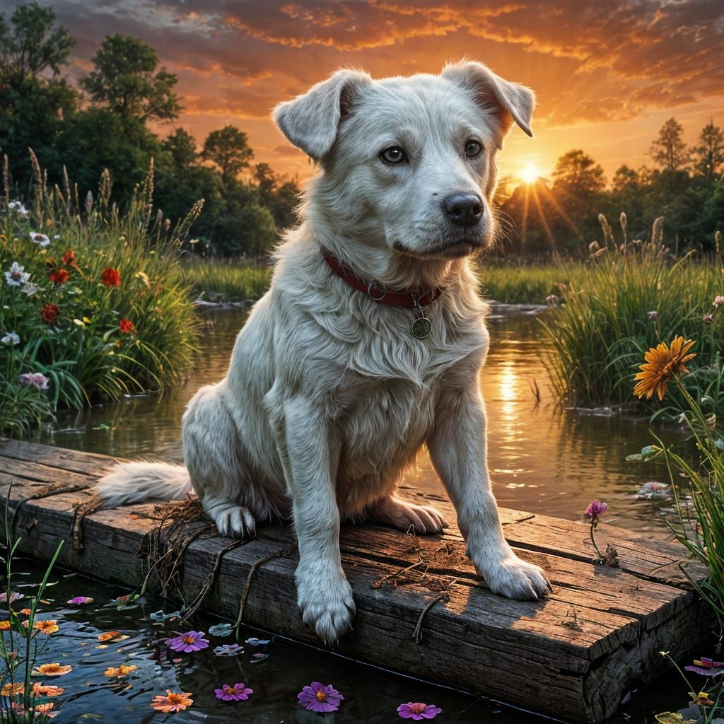 Vibrant Sunset Over Swamp River with White Dog