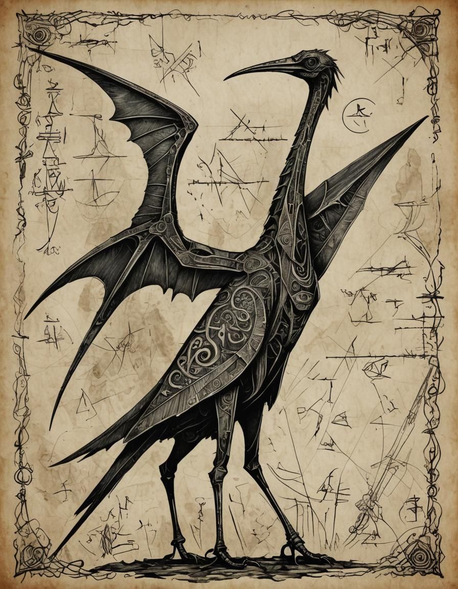 Orphism Style Prehistoric Quetzalcoatlus with Runes