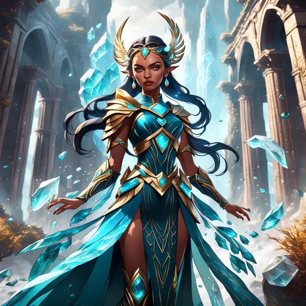 Quartz-Clad Young Goddess: Detailed Matte Painting