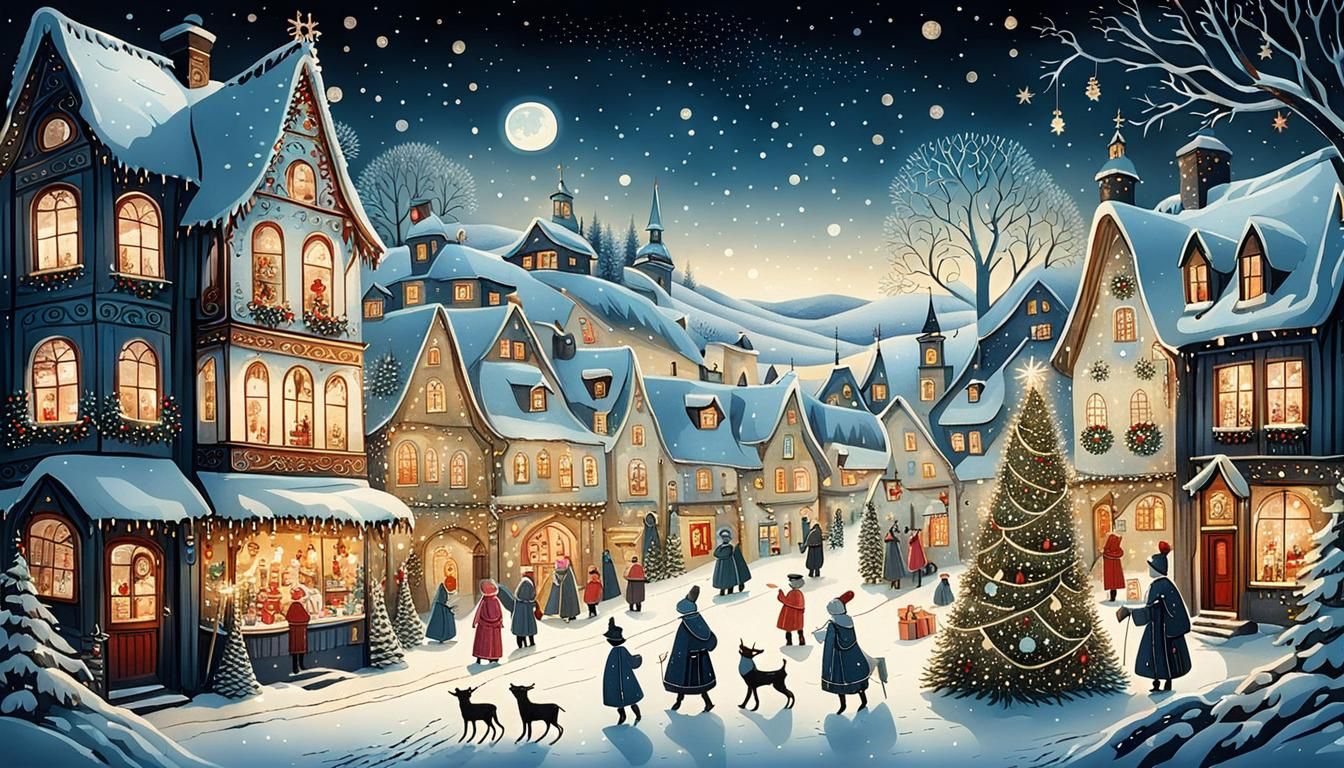 Christmas Village with Whimsical Creatures and Warm Lighting