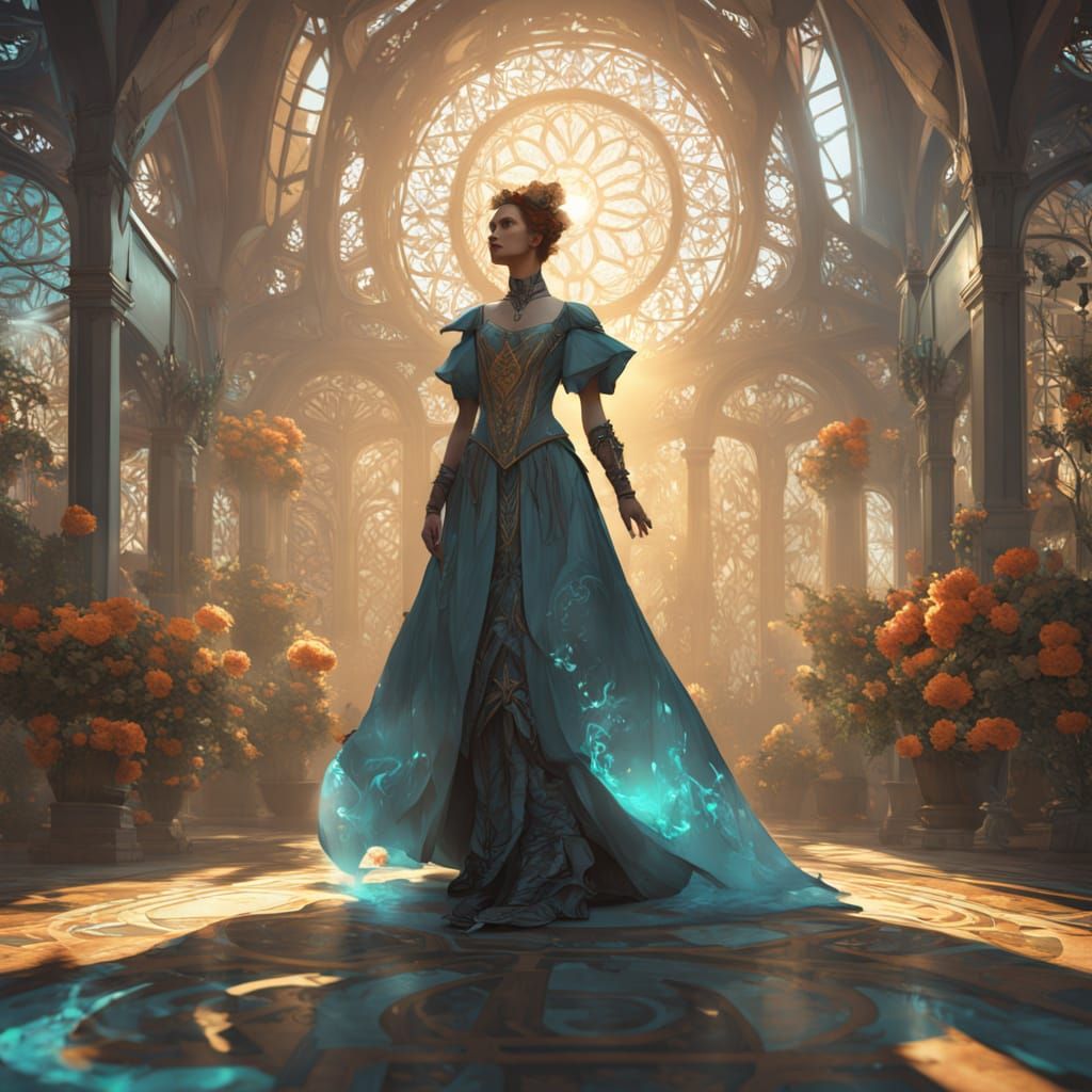 Victorian Lady in Art Nouveau Interior with Zentangle Patter...