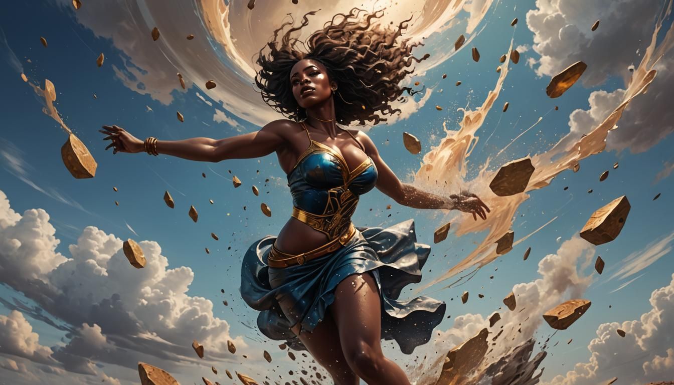 Dark-Skinned Woman Falling from Sky in Splash Art