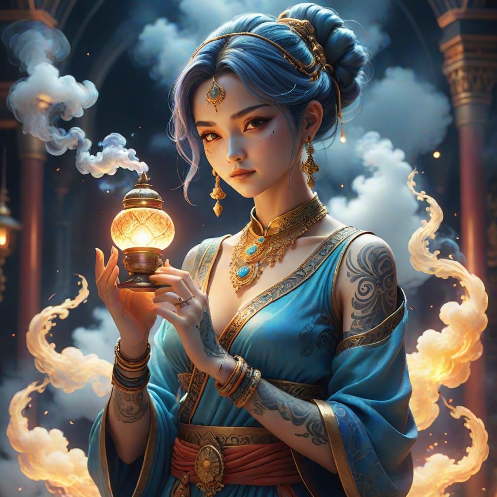 Ethereal Genie in Watercolor-Inspired Anime Style