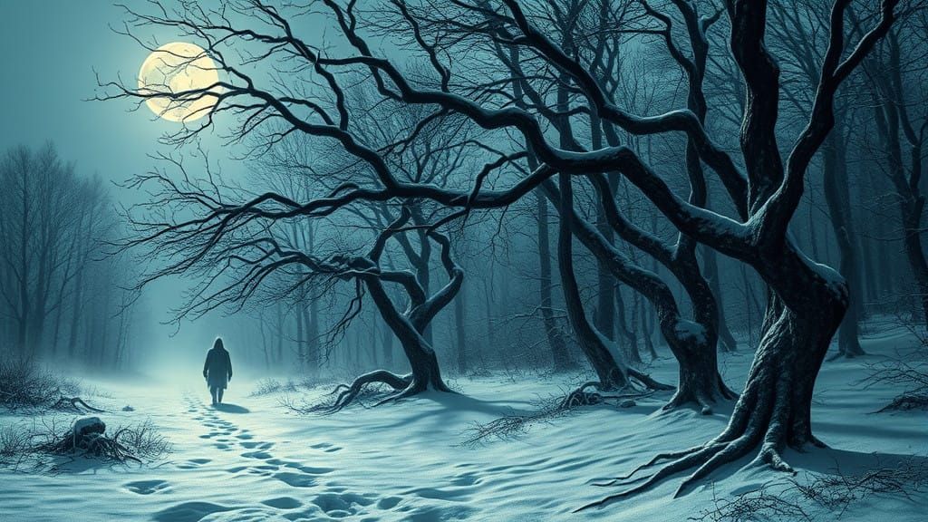 Surrealist Winter Scene in Ethereal Moonlight