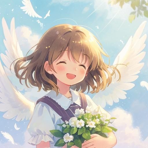 Girl with Wings Laughing in Clouds, Watercolor Style