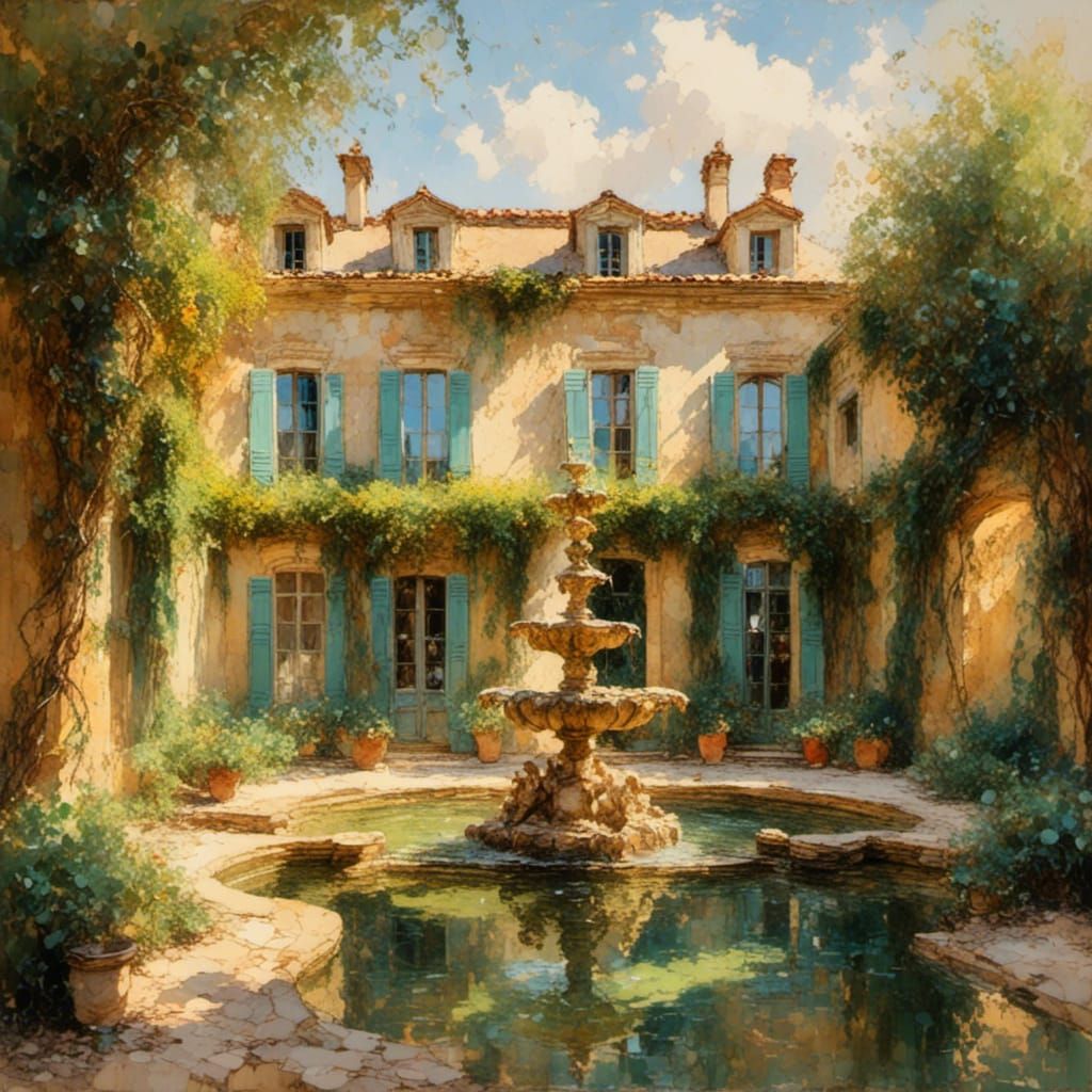 French Manor House in Provence: Impressionist Oil Painting