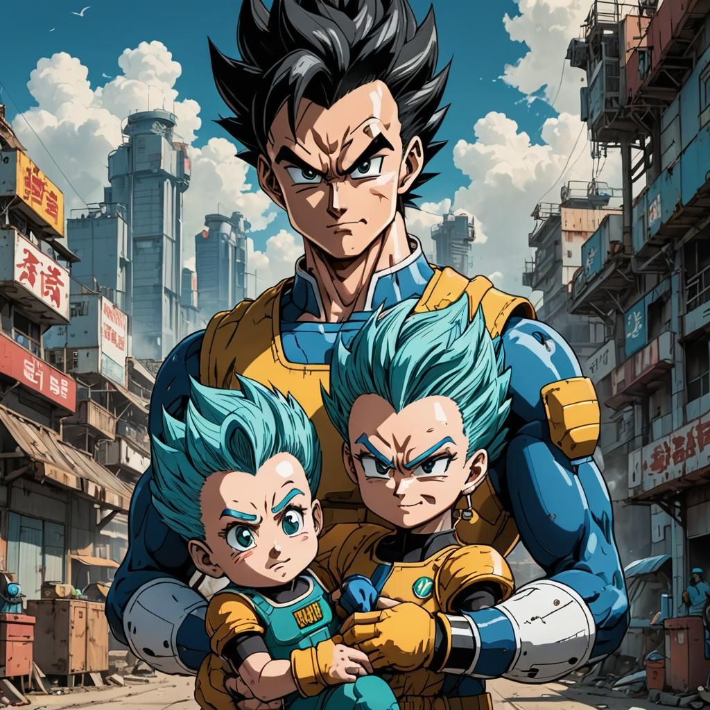 Ink draw of Vegeta huging Bulma and baby Trunks, as a happy_family of capsule_corp, by akira toriyama | life_style, deta...