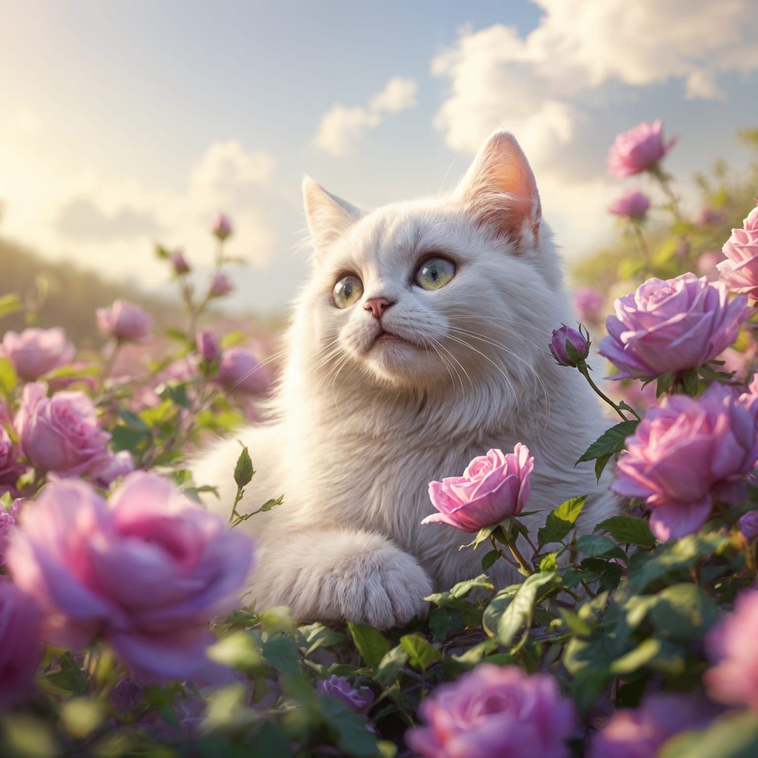 Ethereal White Feline Amidst Vibrant Spring Blooms in a Drea...