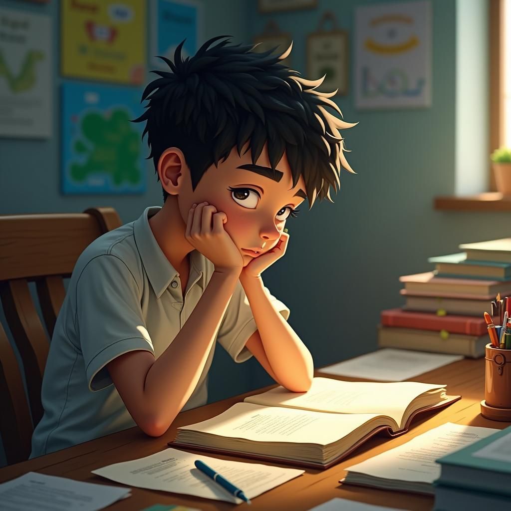 niño estudiando, pierde el tiempo pensando en otras cosas