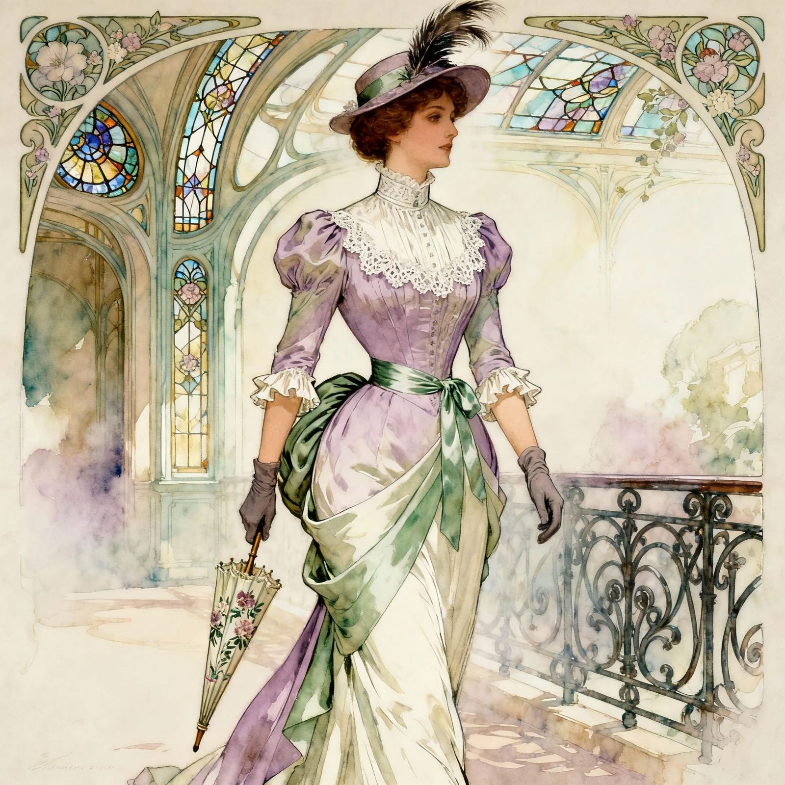 Art Nouveau Belle Époque Woman in Elegant Town Walking Dress