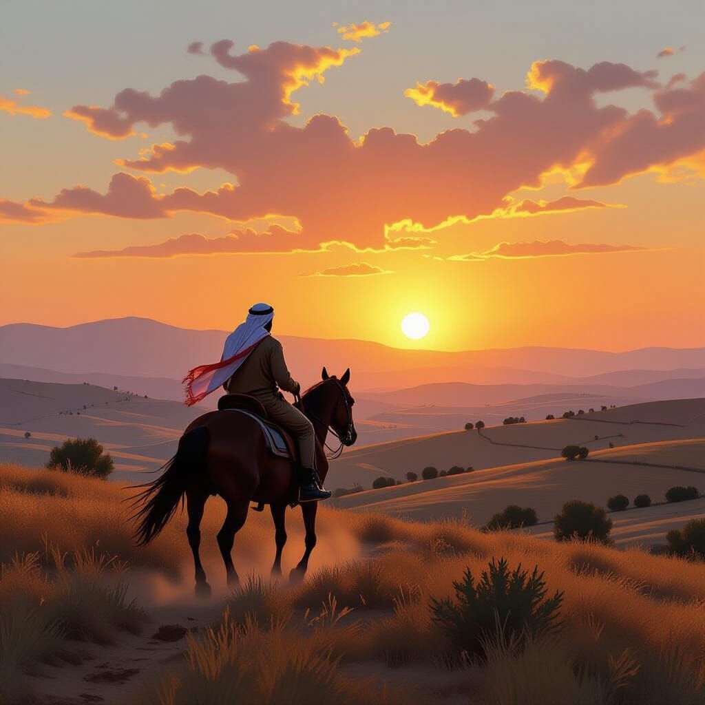 Palestinian Horseman Rides at Dawn in Classic Western Style