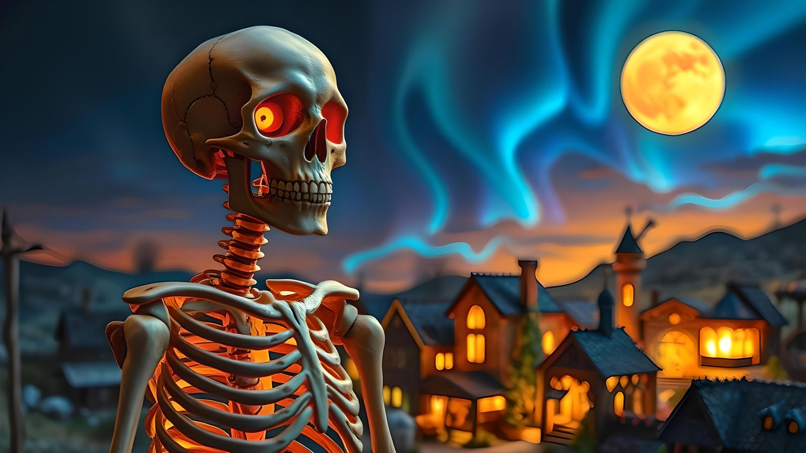 Moonlit Skeleton in Enchanted Village, Eerie Art